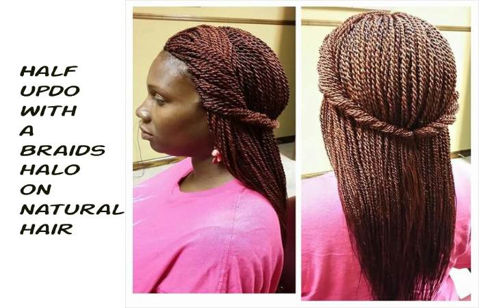 Half updo with a braids halo on natural hair